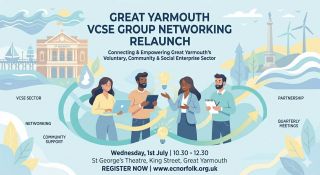 An abstract, light-colored promotional graphic for the Great Yarmouth VCSE Group Networking event, featuring an illustrated group of people collaborating against a soft pastel background that includes subtle silhouettes of St George’s Theatre and local coastal landmarks.