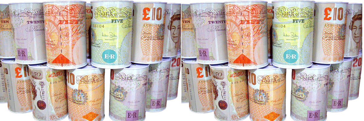 Cylindrical money boxes decorated with British pound banknote designs, including £10, £20, and £50 notes featuring the Bank of England branding and a portrait of Queen Elizabeth II.