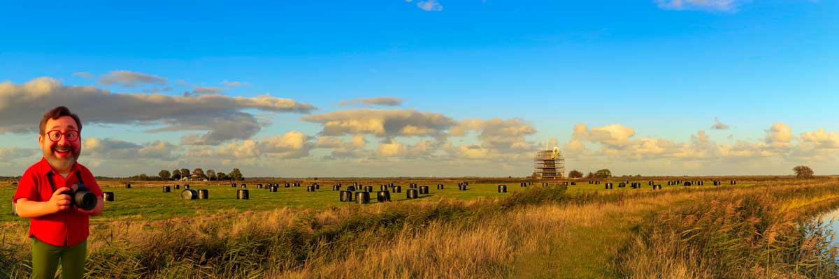 Mutton's Mill, Halvergate Marsh, black plastic wrapped bales of silage, Norfolk sky
